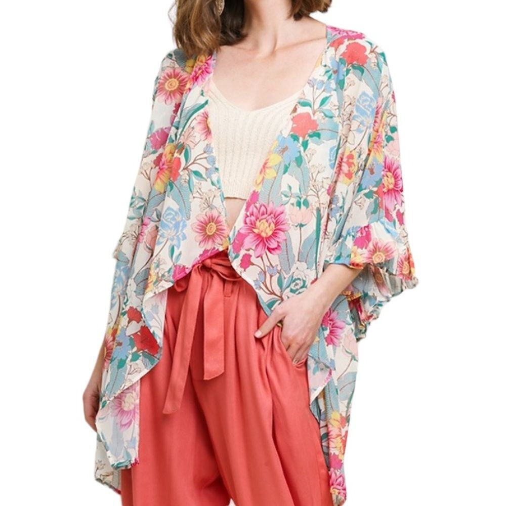 Umgee Floral Ruffle Sleeve Open Front Kimono Cardigan Cover Up Boho Sz S
